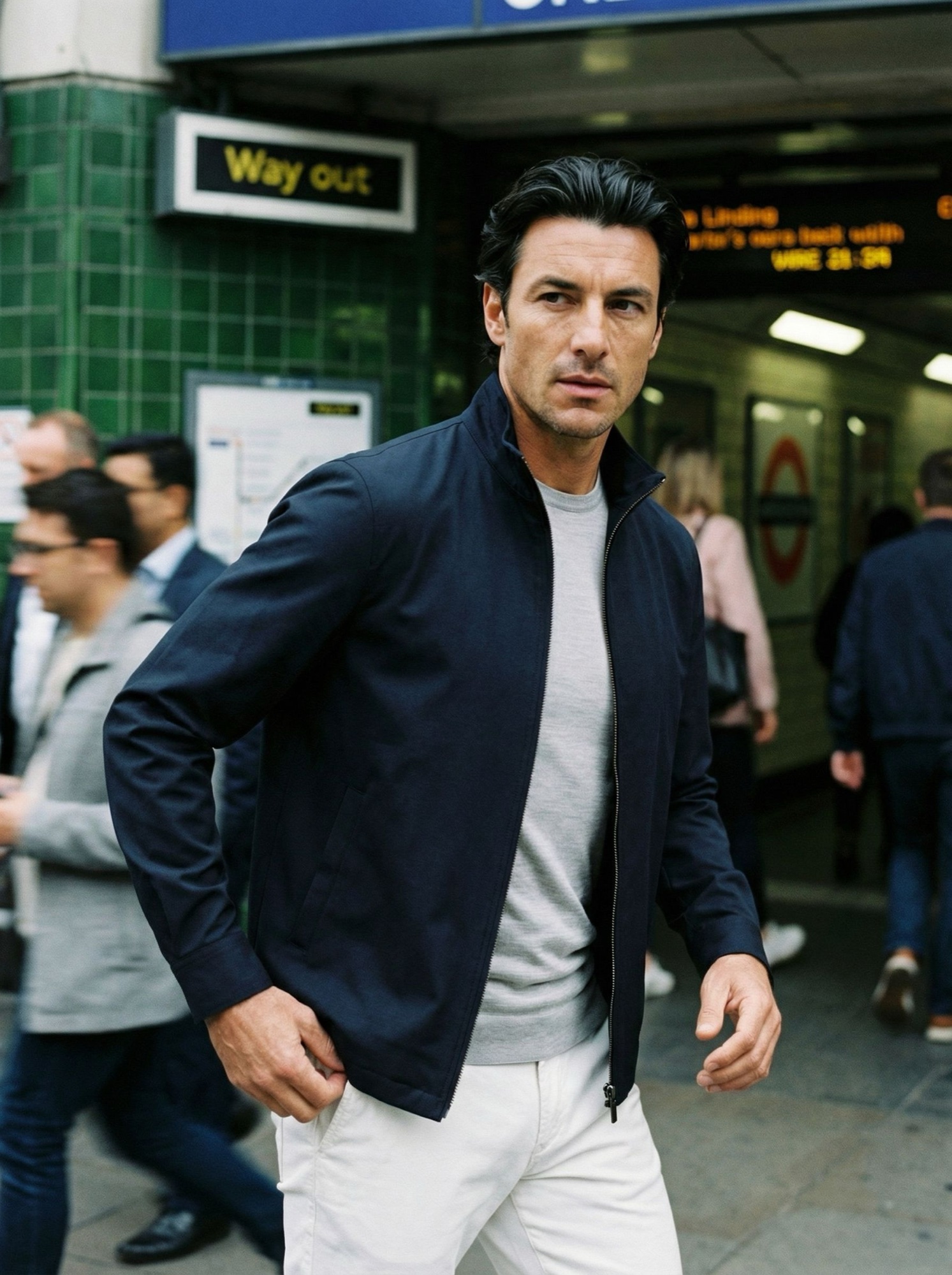 Blue Label crew and jacket at a London Underground entrance