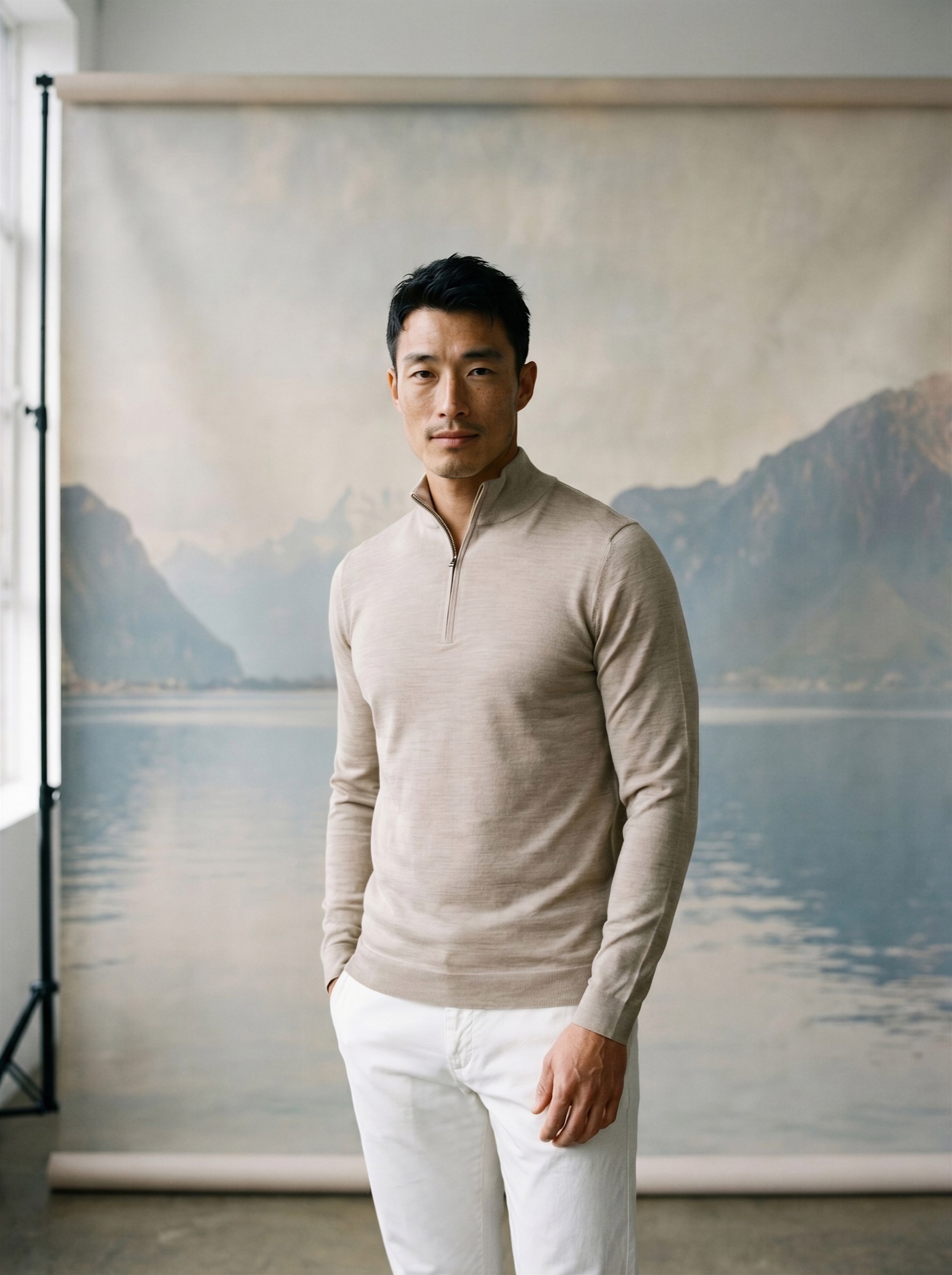 AI model in a limestone beige zip in the studio