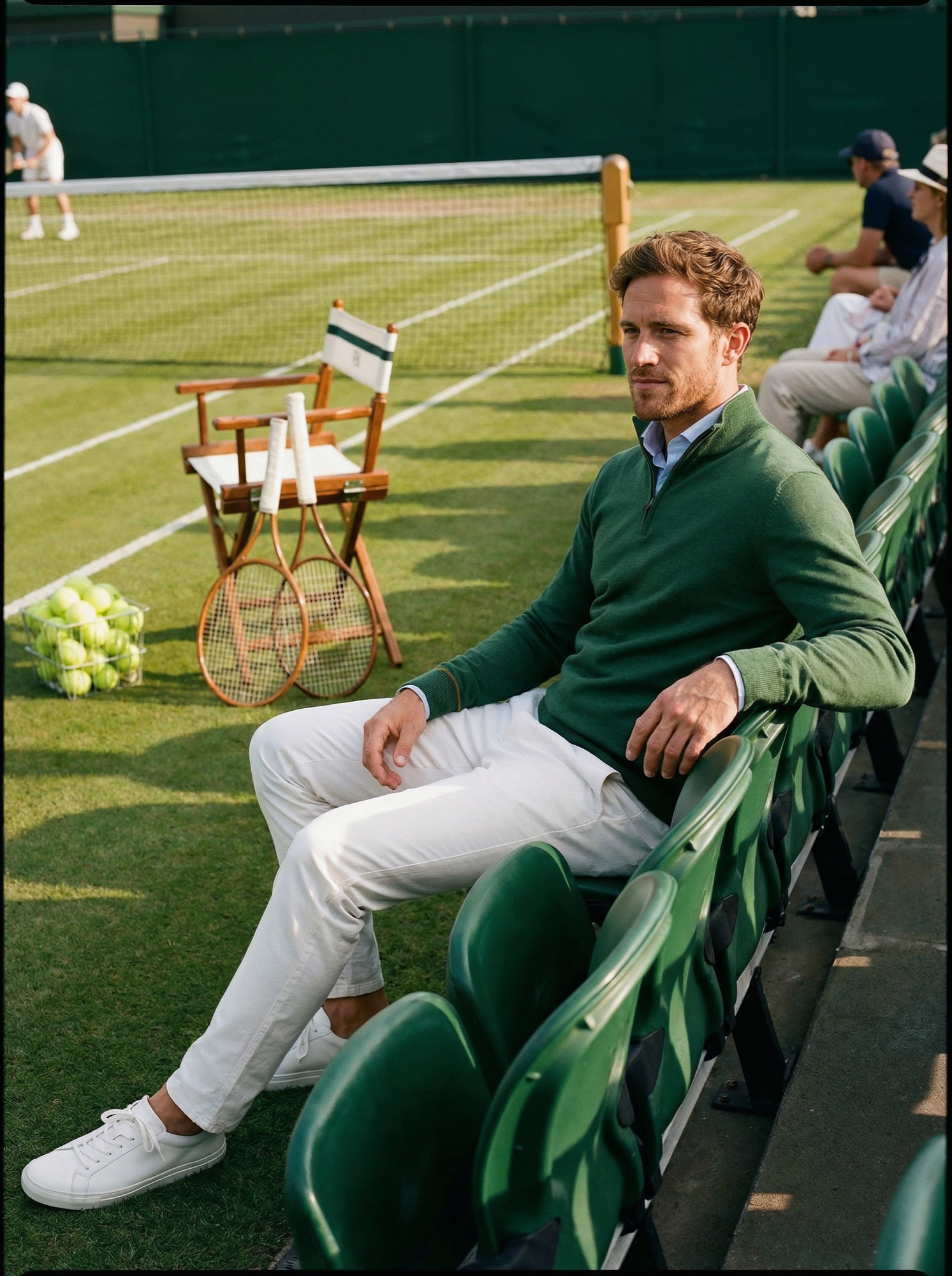 Joe Merino knit courtside at a tennis match