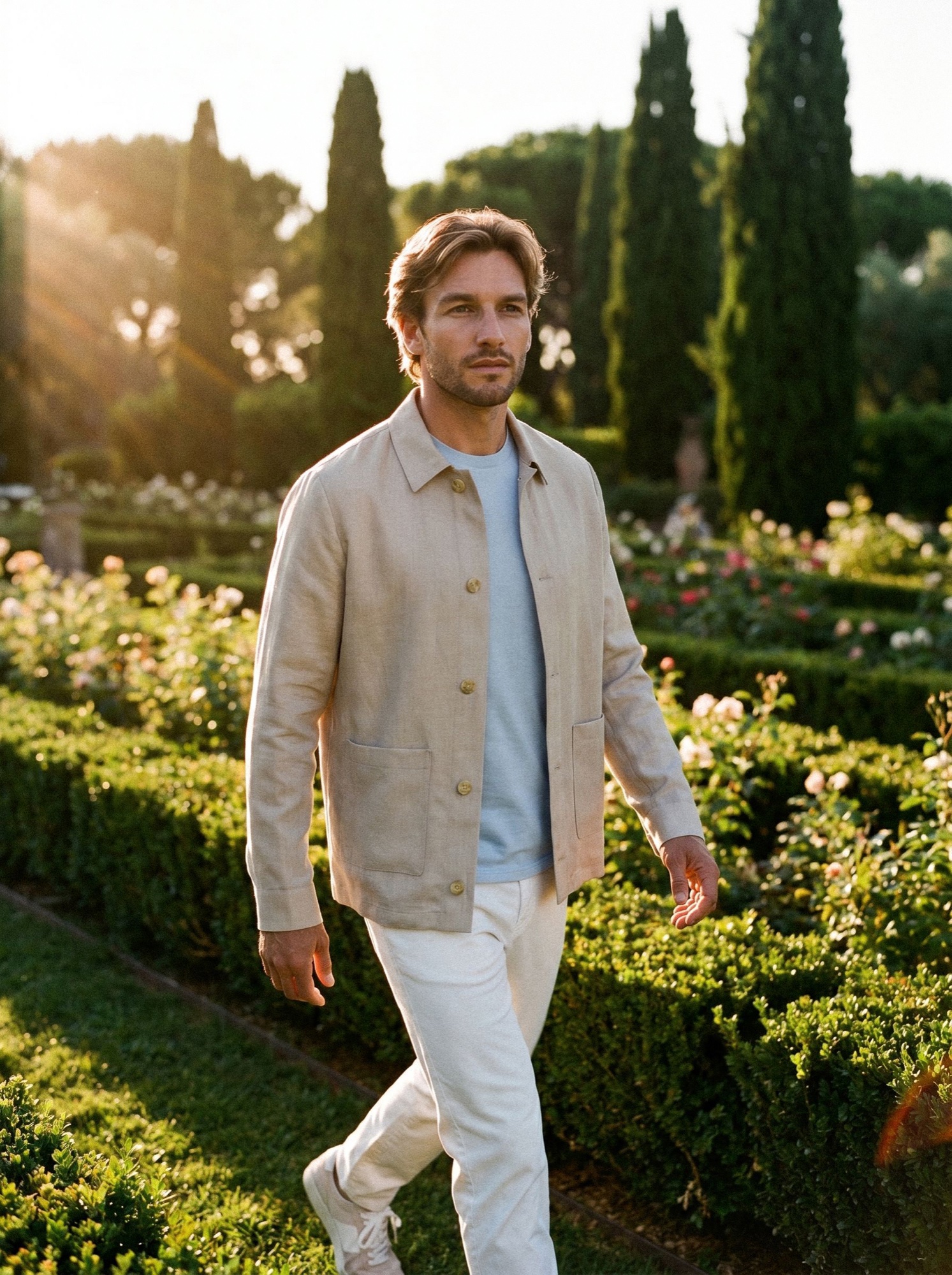 Joe Merino linen overshirt in light beige, Italian garden