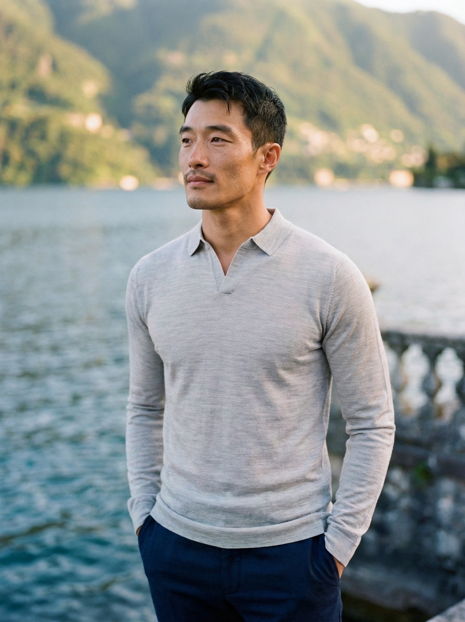 AI model close-up in a grey merino polo