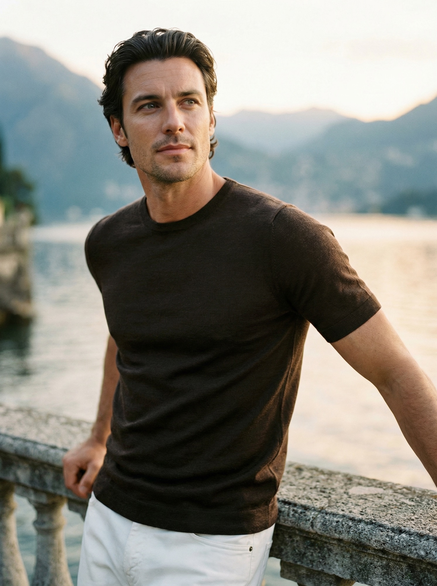 AI model in a crew short sleeve at sunset