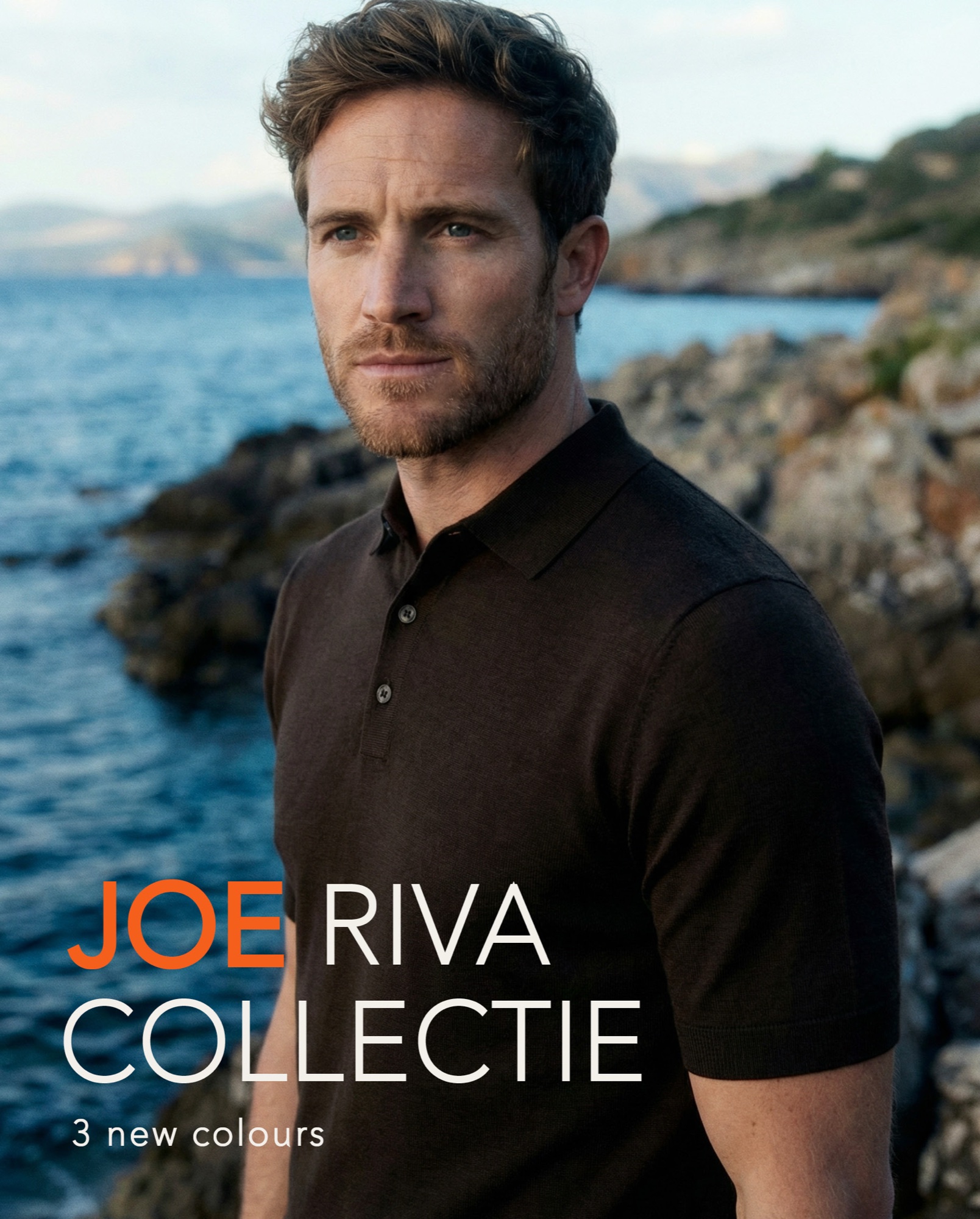Joe Riva collection cover, man in a brown merino polo on the coast