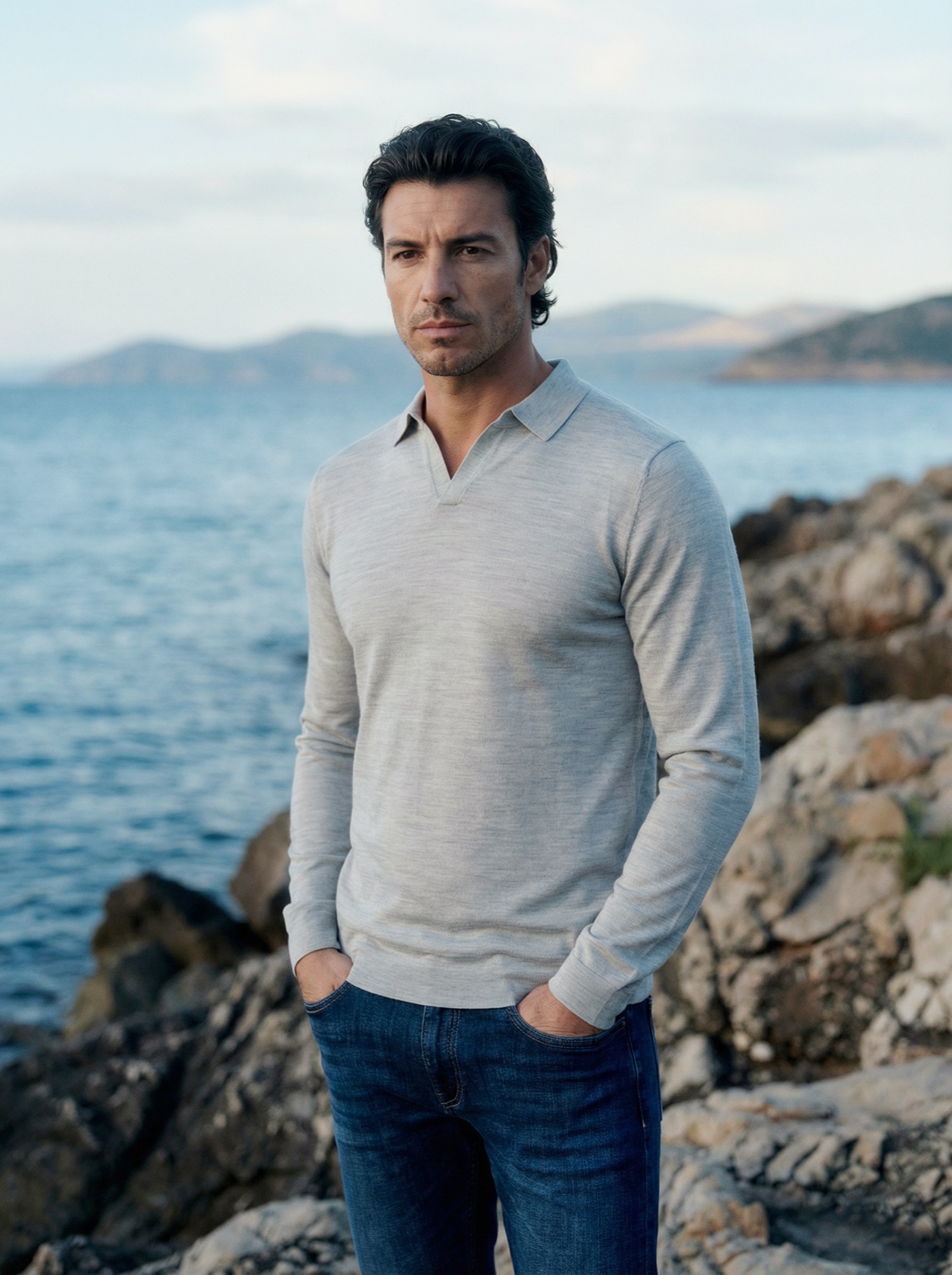 Riva long sleeve in grey on the coast