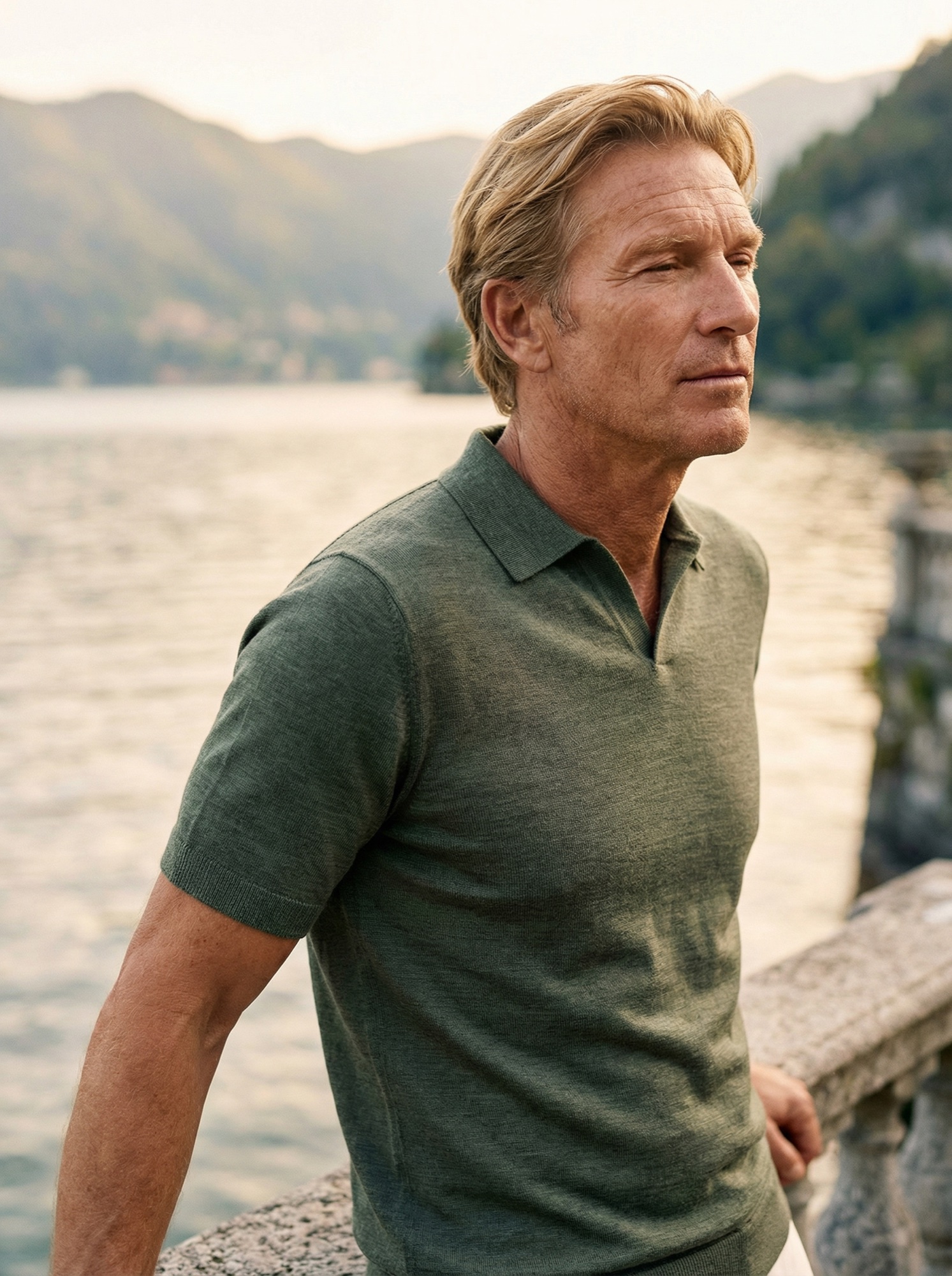 Man in a Joe Merino riva short sleeve at sunset on the coast